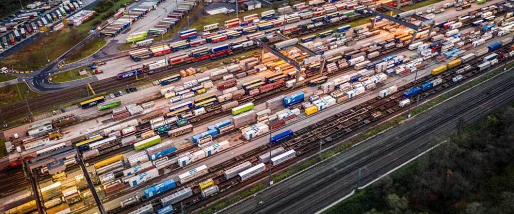 Various rail cars waiting to be transported