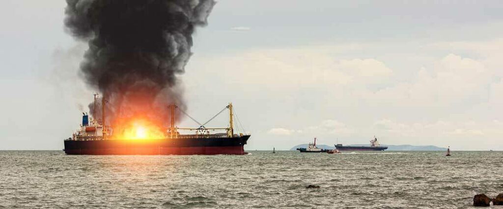 Ocean freight safety can be at risk when a ship like this engulfs into flames